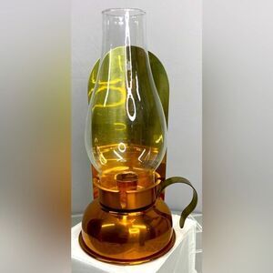 Vtg Copper & Brass Candlestick Holder Lantern Glass Globe Table or Wall Hanging
